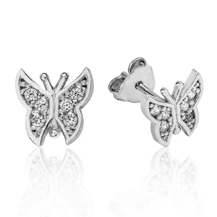Rhodium Plated Sterling Silver Butterfly Stud Earrings for Women – Zircon Romantic Nature-Inspired Jewelry