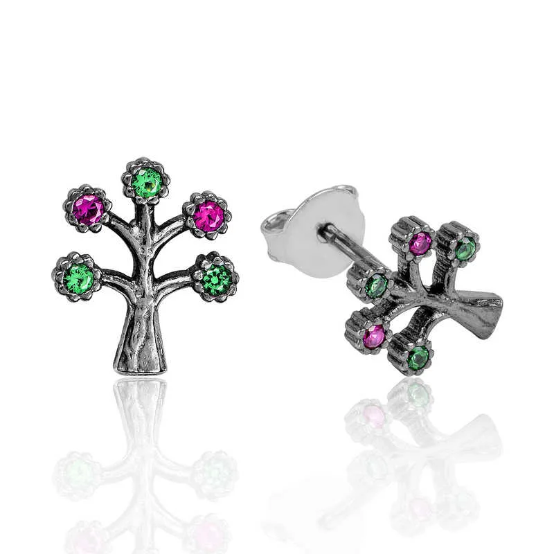 Oxidized Sterling Silver Tree of Life Stud Earrings for Women – Zircon Symbolic Family Jewelry