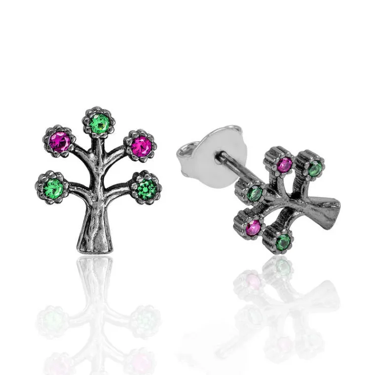 Oxidized Sterling Silver Tree of Life Stud Earrings for Women – Zircon Symbolic Family Jewelry