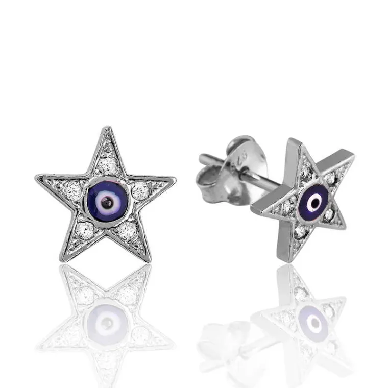 Rhodium Plated Sterling Silver Evil Eye Star Stud Earrings for Women