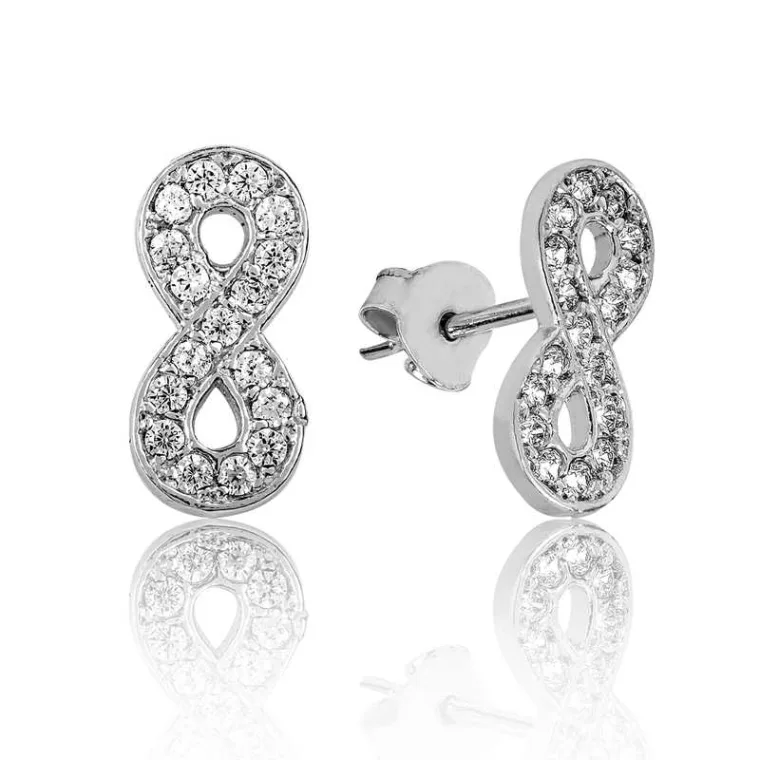Rhodium Plated Sterling Silver Infinity Stud Earrings for Women with Zircon Stones