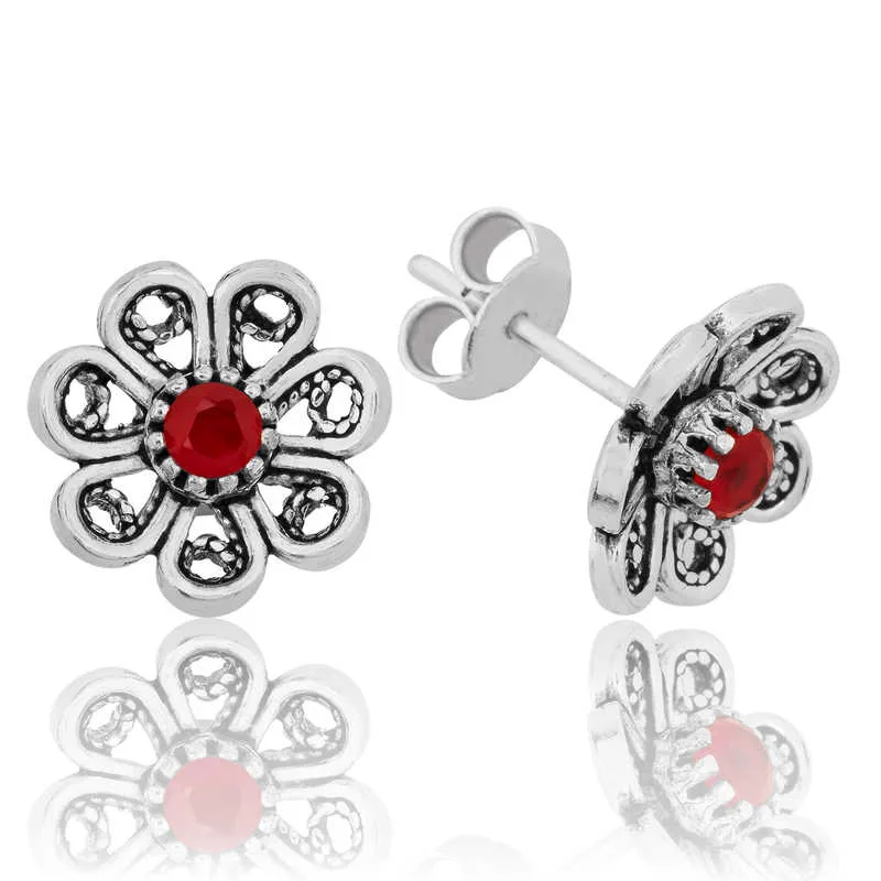 Rhodium Plated Sterling Silver Red Stone Filigree (Telkari) Floral Stud Earrings for Women – Handmade Flower Design Jewelry - image 2