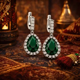 Ottoman Inspired Sterling Silver Hurrem Sultan Drop Earrings | Green & White Zircon Statement Jewelry - image 3 thumbnail