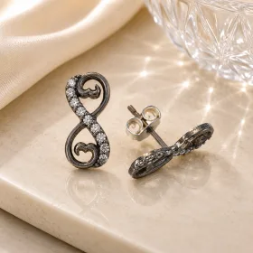 Black Rhodium Plated Sterling Silver Heart Infinity Stud Earrings for Women with Zircon Stones thumbnail