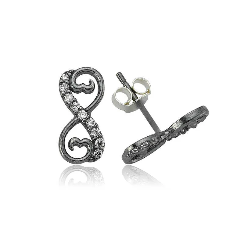 Black Rhodium Plated Sterling Silver Heart Infinity Stud Earrings for Women with Zircon Stones - image 2