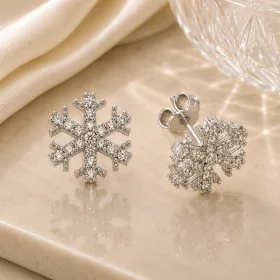 Rhodium Plated Sterling Silver Snowflake Stud Earrings for Women with Zircon Stones thumbnail