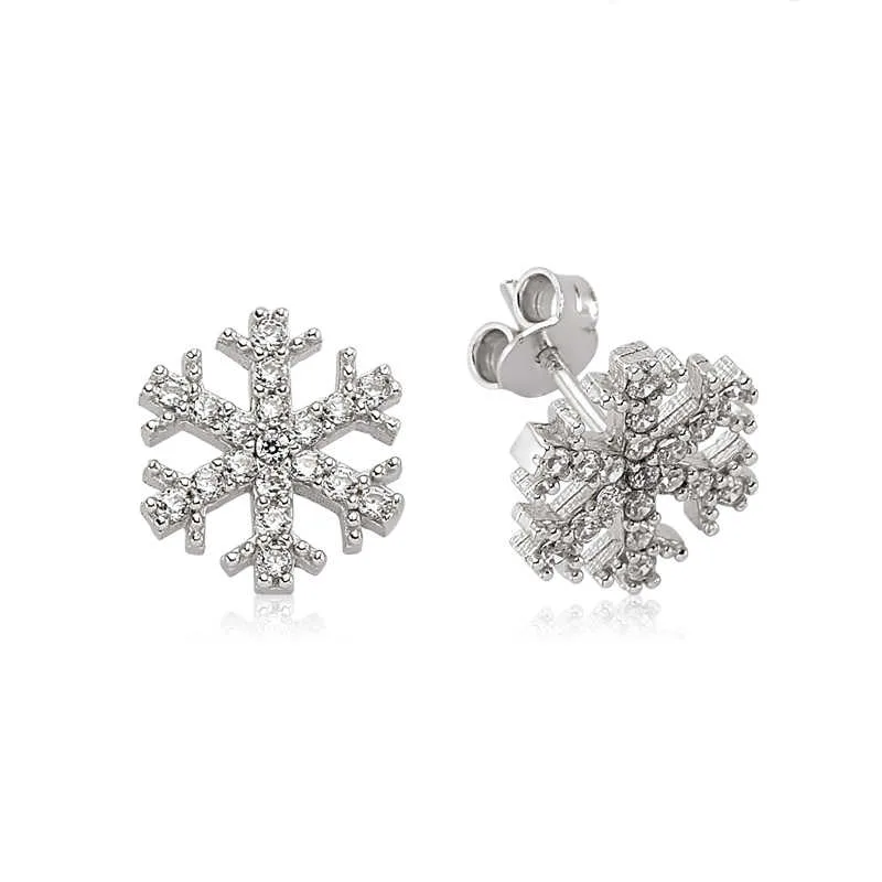 Rhodium Plated Sterling Silver Snowflake Stud Earrings for Women with Zircon Stones - image 2