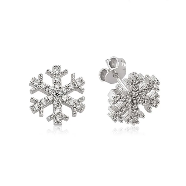 Rhodium Plated Sterling Silver Snowflake Stud Earrings for Women with Zircon Stones alternate view