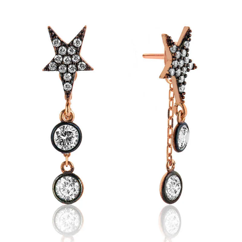 Rose Gold Plated Sterling Silver North Star Dangle Earrings for Women with Zircon Stones - image 2