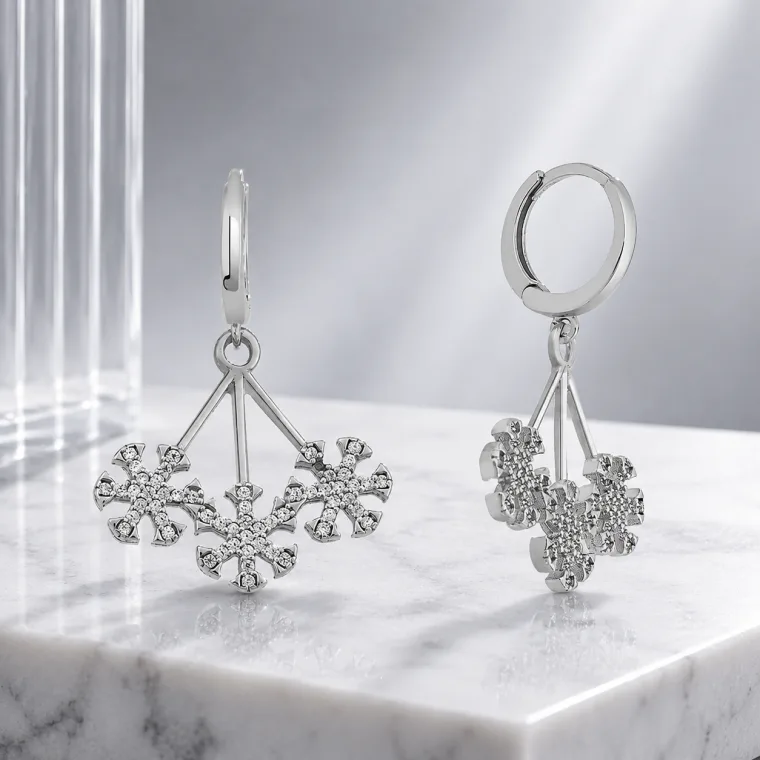 Rhodium Plated Sterling Silver Triple Snowflake Drop Earrings for Women