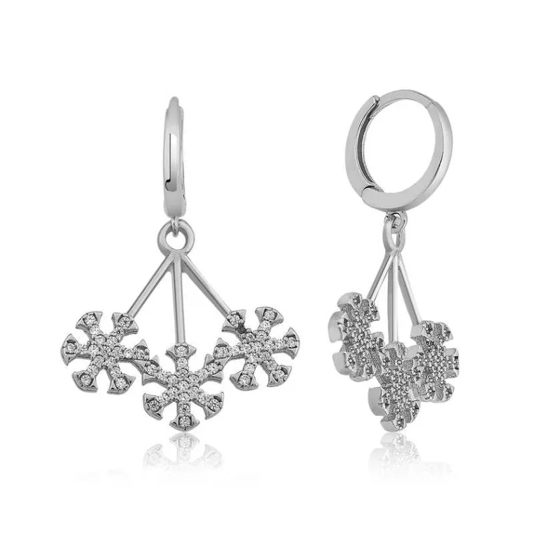 Rhodium Plated Sterling Silver Triple Snowflake Drop Earrings for Women alternate view
