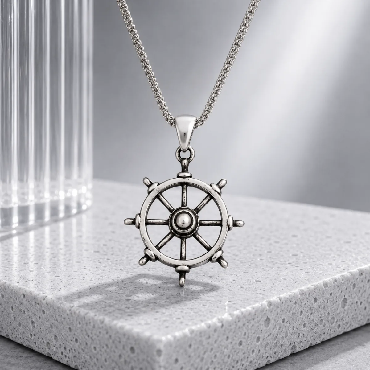 Silverelle 925 Sterling Silver Ship Wheel Pendant Necklace | Vintage Oxydized Nautical Jewelry for Men & Women