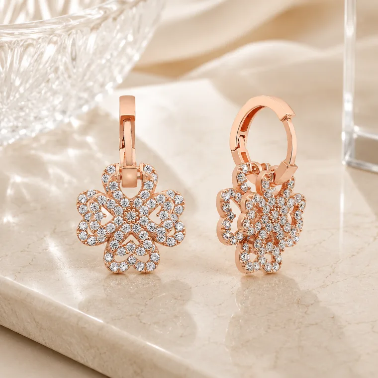 Rose Gold Plated Sterling Silver 3D Four Leaf Clover Earrings for Women