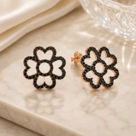 Rose Gold Plated Sterling Silver Heart Petal Flower Earrings for Women | Black Zircon Floral Stud Earrings thumbnail