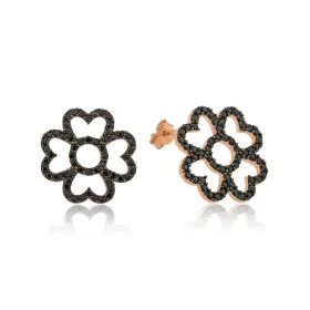 Rose Gold Plated Sterling Silver Heart Petal Flower Earrings for Women | Black Zircon Floral Stud Earrings - image 2 thumbnail