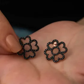 Rose Gold Plated Sterling Silver Heart Petal Flower Earrings for Women | Black Zircon Floral Stud Earrings - image 3 thumbnail