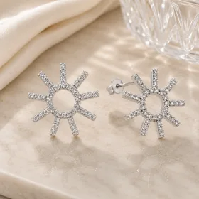 Rhodium Plated Sterling Silver Sun Stud Earrings for Women | Zircon Sparkling Sun Jewelry thumbnail