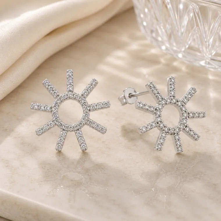 Rhodium Plated Sterling Silver Sun Stud Earrings for Women