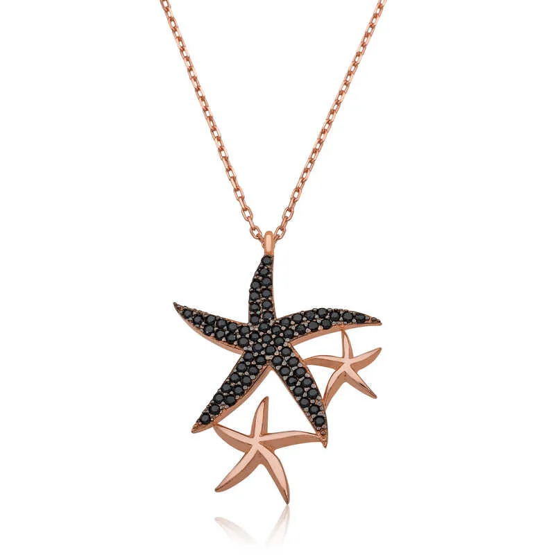 Sterling Silver Rose Gold Plated Black Stone Starfish Necklace for Women – Zircon Ocean Inspired Pendant