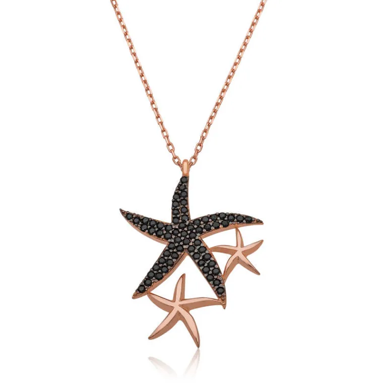 Sterling Silver Rose Gold Plated Black Stone Starfish Necklace for Women – Zircon Ocean Inspired Pendant