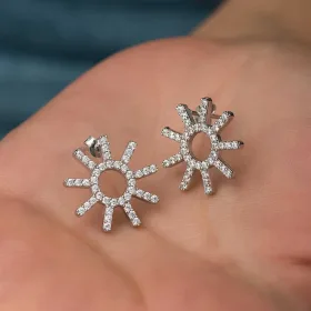 Rhodium Plated Sterling Silver Sun Stud Earrings for Women | Zircon Sparkling Sun Jewelry - image 3 thumbnail
