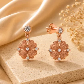 Rose Gold Plated Sterling Silver Heart Petal Flower Earrings for Women | Lucky Clover Inspired Drop Earrings thumbnail