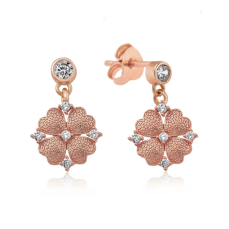 Rose Gold Plated Sterling Silver Heart Petal Flower Earrings for Women | Lucky Clover Inspired Drop Earrings - image 2