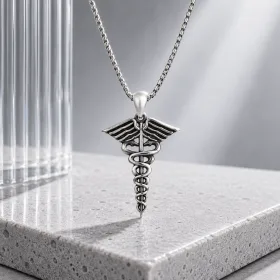 Oxidized Sterling Silver Caduceus Medical Symbol Necklace for Men | Hermes Staff Pendant Jewelry thumbnail