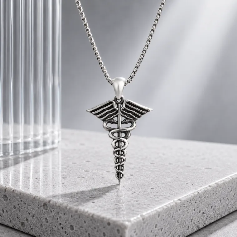 Oxidized Sterling Silver Caduceus Medical Symbol Necklace for Men