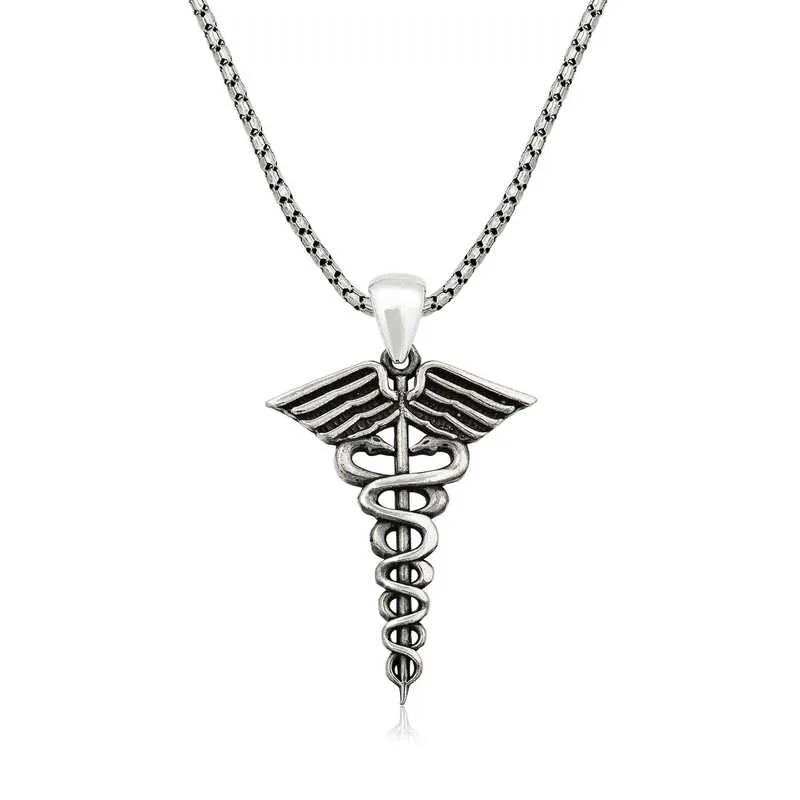 Oxidized Sterling Silver Caduceus Medical Symbol Necklace for Men | Hermes Staff Pendant Jewelry - image 2