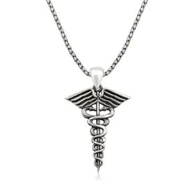 Oxidized Sterling Silver Caduceus Medical Symbol Necklace for Men | Hermes Staff Pendant Jewelry - image 2 thumbnail