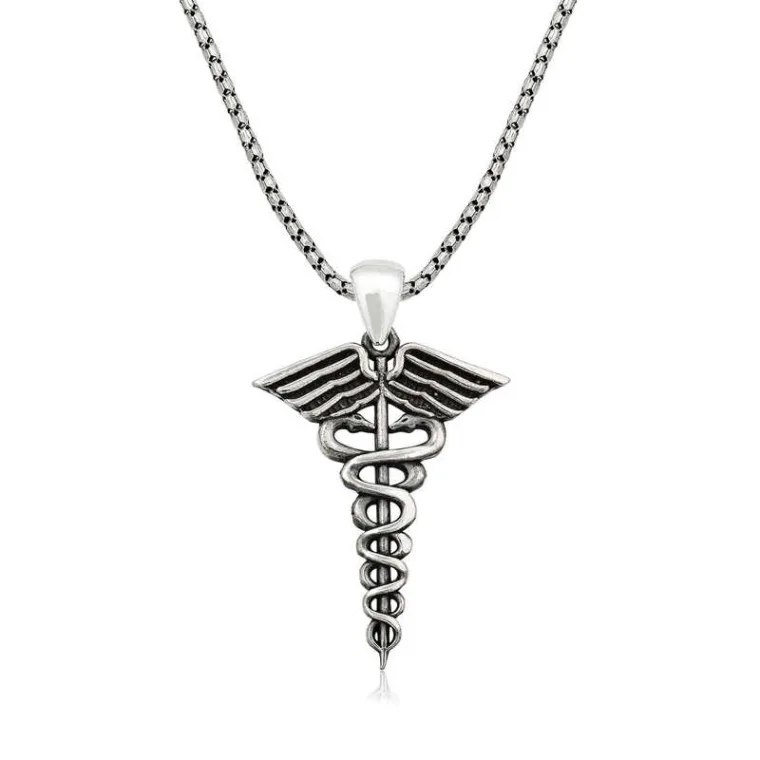 Oxidized Sterling Silver Caduceus Medical Symbol Necklace for Men alternate view
