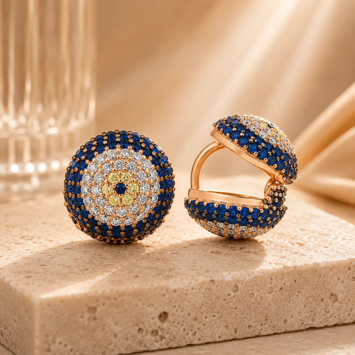 Rose Gold Plated Sterling Silver Double-Sided Evil Eye Earrings for Women | Zircon Stone Protection Jewelry