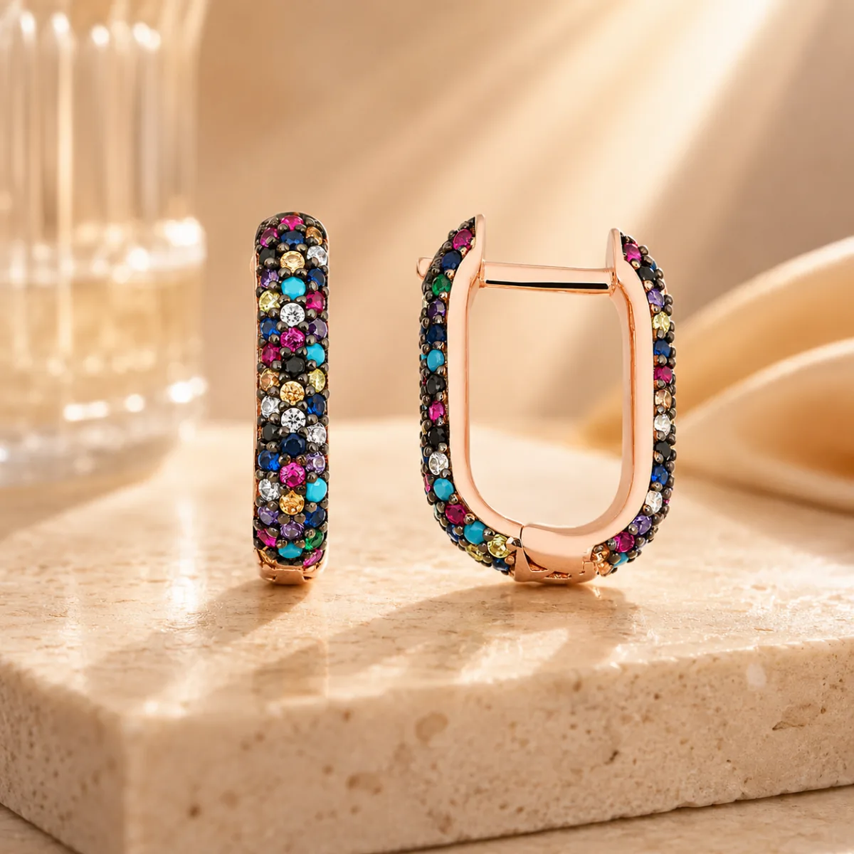 Rose Gold Plated Sterling Silver Double-Sided Mixed Stone J Hoop Earrings for Women