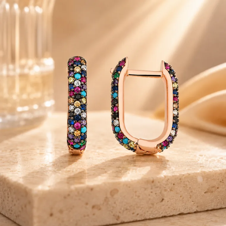 Rose Gold Plated Sterling Silver Double-Sided Mixed Stone J Hoop Earrings for Women