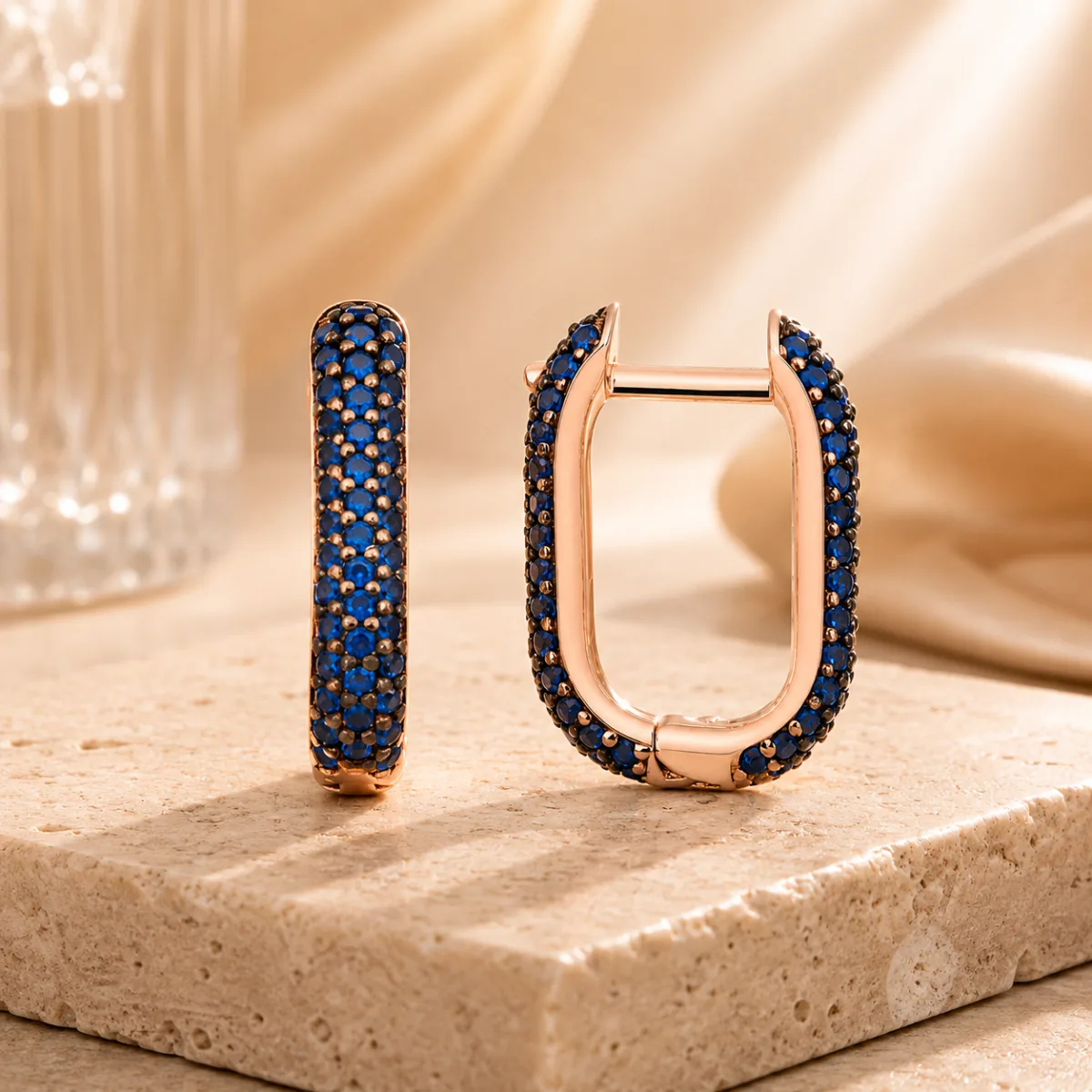 Rose Gold Plated Sterling Silver Double-Sided Navy Blue Stone J Hoop Earrings for Women