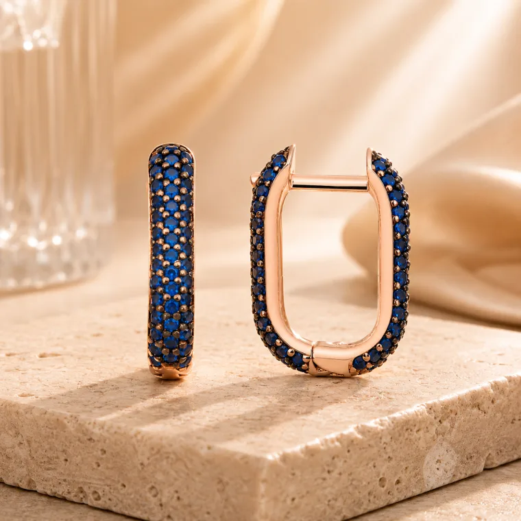 Rose Gold Plated Sterling Silver Double-Sided Navy Blue Stone J Hoop Earrings for Women