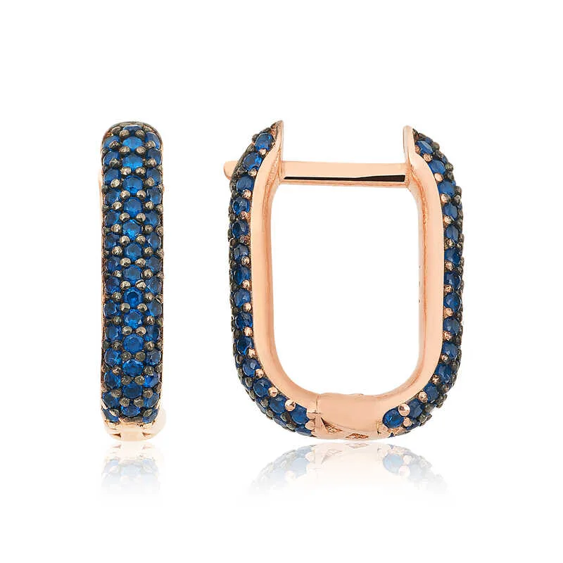 Rose Gold Plated Sterling Silver Double-Sided Navy Blue Stone J Hoop Earrings for Women - image 2