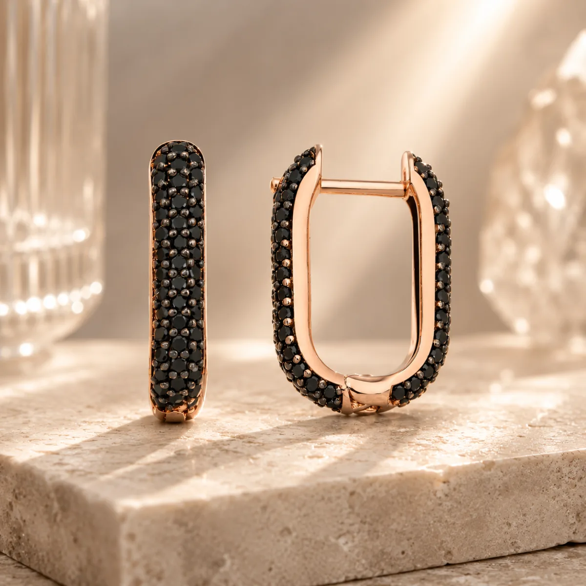 Rose Gold Plated Sterling Silver Double-Sided Black Stone J Hoop Earrings for Women