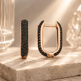 Rose Gold Plated Sterling Silver Double-Sided Black Stone J Hoop Earrings for Women thumbnail