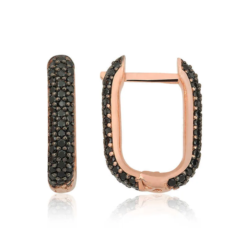 Rose Gold Plated Sterling Silver Double-Sided Black Stone J Hoop Earrings for Women - image 2