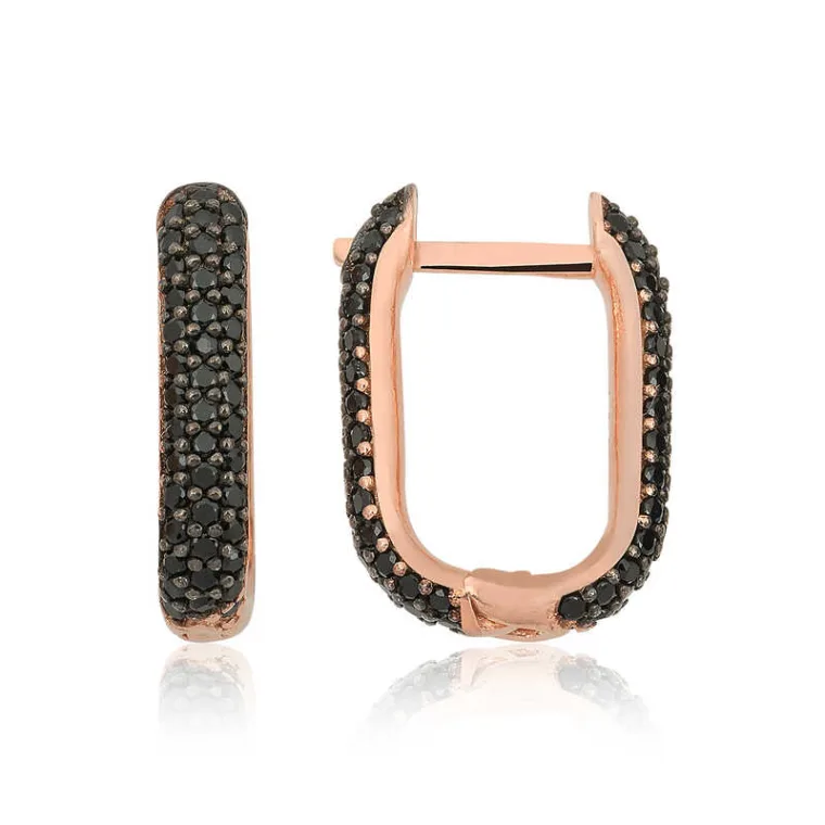 Rose Gold Plated Sterling Silver Double-Sided Black Stone J Hoop Earrings for Women alternate view