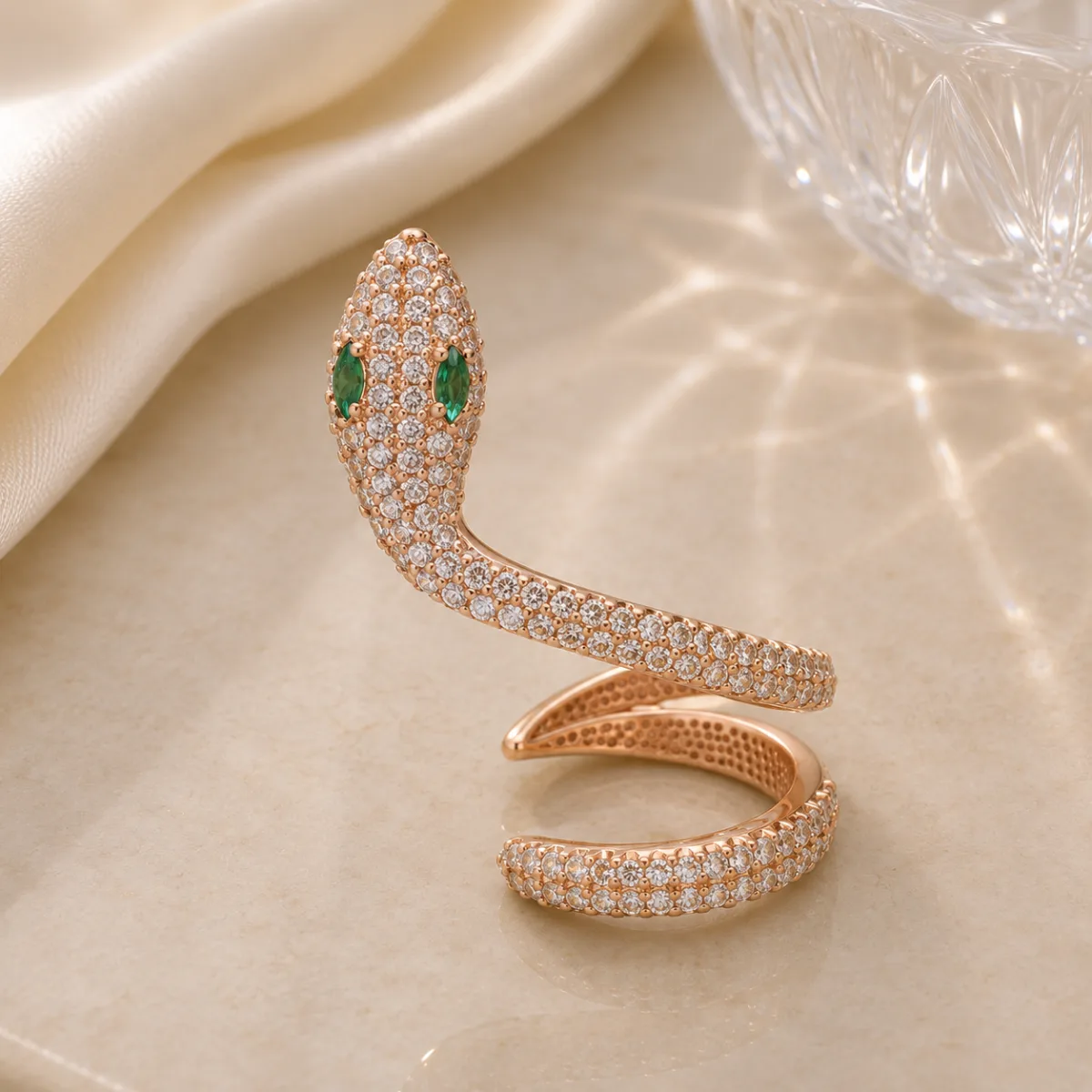 925 Sterling Silver Green Eye Snake Single Ear Cuff Earring for Women | Rose Gold Plated Zircon Statement Piercing Jewelry