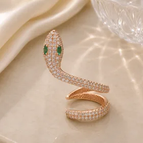 925 Sterling Silver Green Eye Snake Single Ear Cuff Earring for Women | Rose Gold Plated Zircon Statement Piercing Jewelry thumbnail