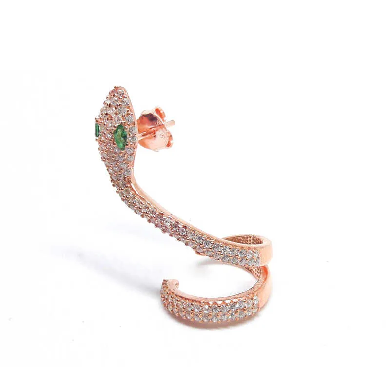 925 Sterling Silver Green Eye Snake Single Ear Cuff Earring for Women | Rose Gold Plated Zircon Statement Piercing Jewelry - image 2
