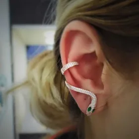 925 Sterling Silver Green Eye Snake Single Ear Cuff Earring for Women | Rose Gold Plated Zircon Statement Piercing Jewelry - image 3 thumbnail