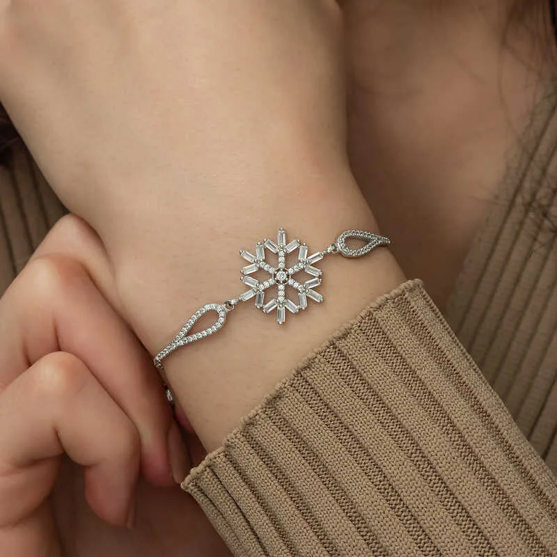 Silverelle Sterling Silver Baguette Stone Snowflake Bracelet for Women - image 2