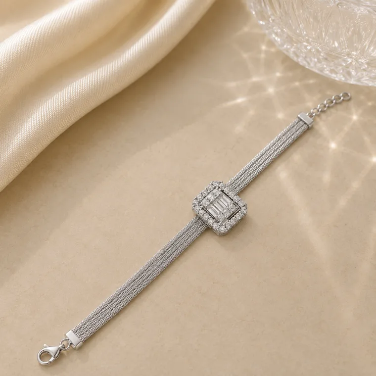 Luxury 925 Sterling Silver Baget Stone Trabzon Hasır Bracelet for Women