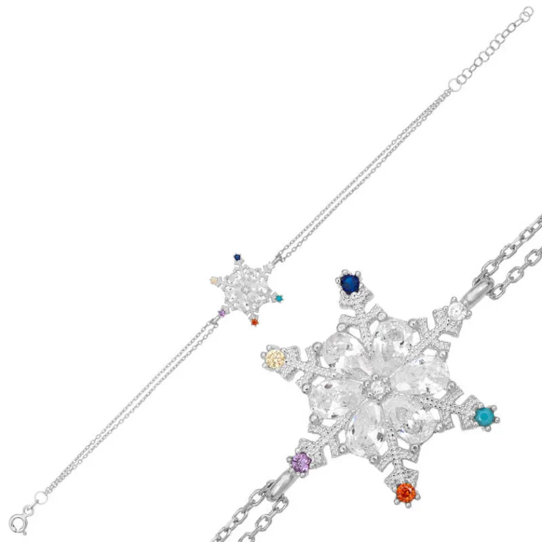 Sterling Silver Colorful Zircon Snowflake Bracelet for Women – Rhodium Plated Winter Inspired Jewelry