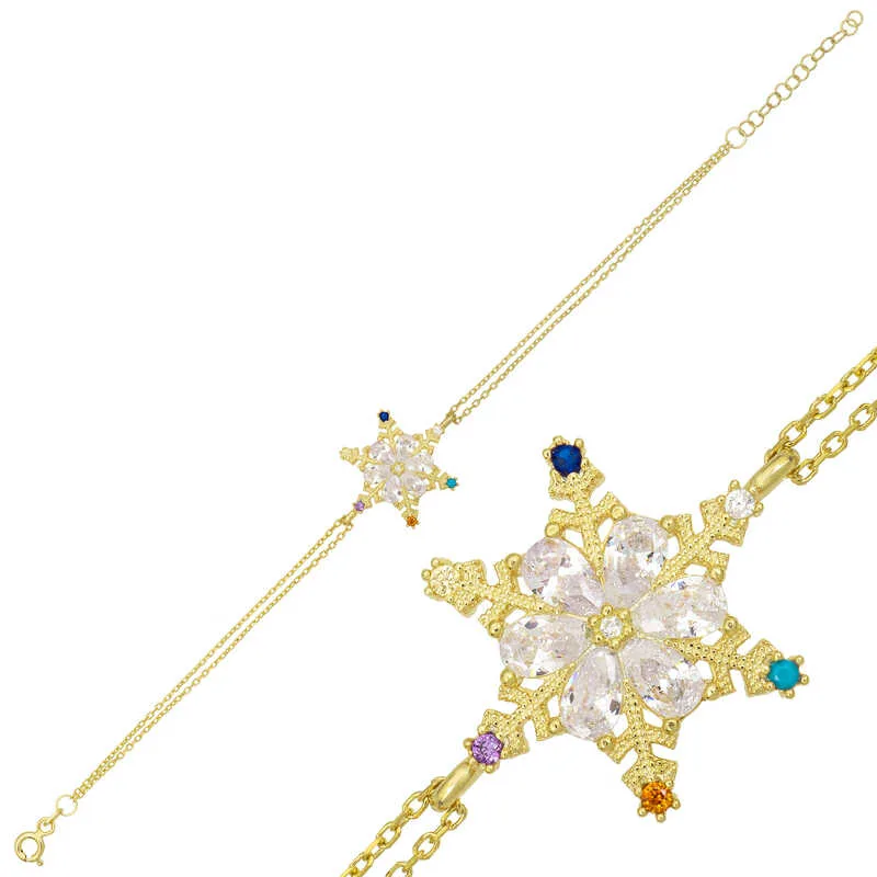 Gold Plated Sterling Silver Colorful Zircon Snowflake Bracelet for Women – Elegant Winter Inspired Jewelry